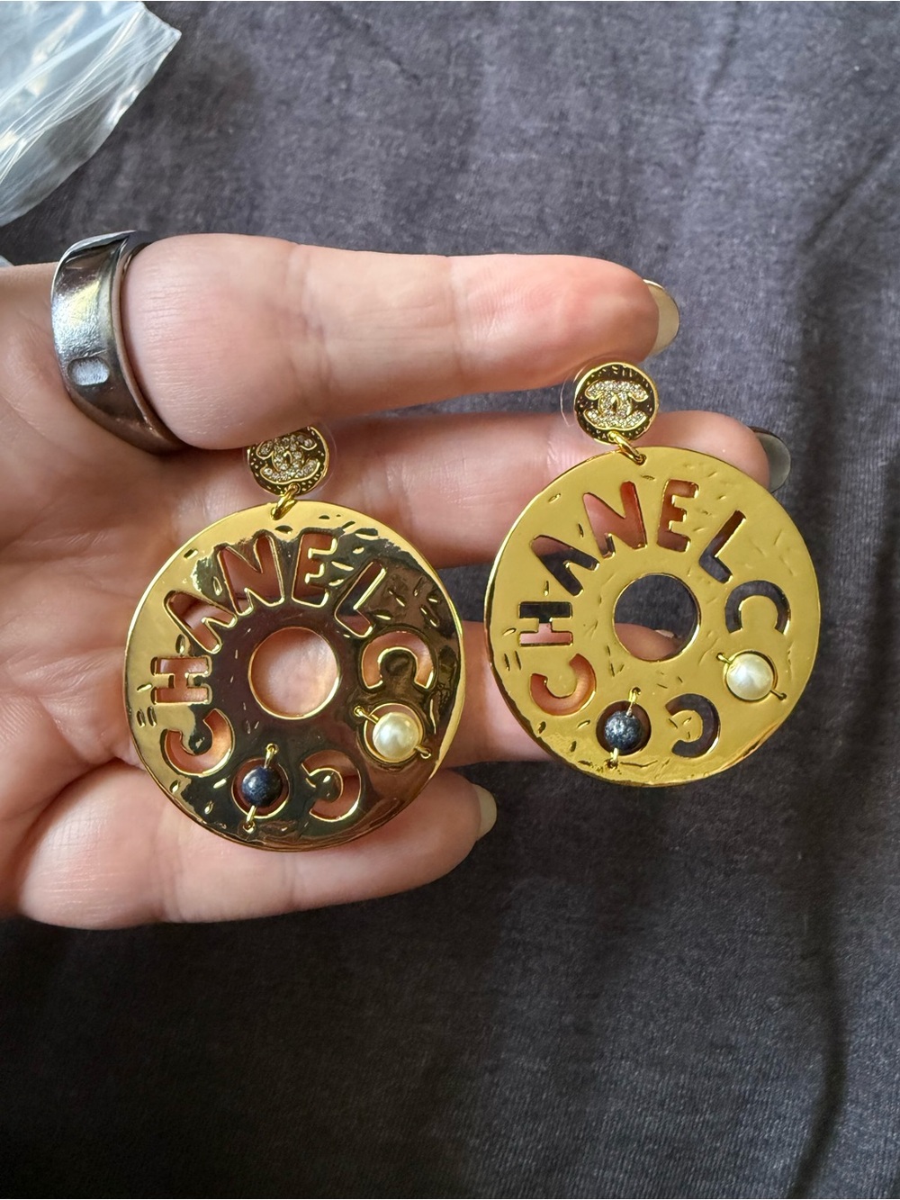 Gold-Tone Logo Disc Drop Earrings with Red and Pearl Accents